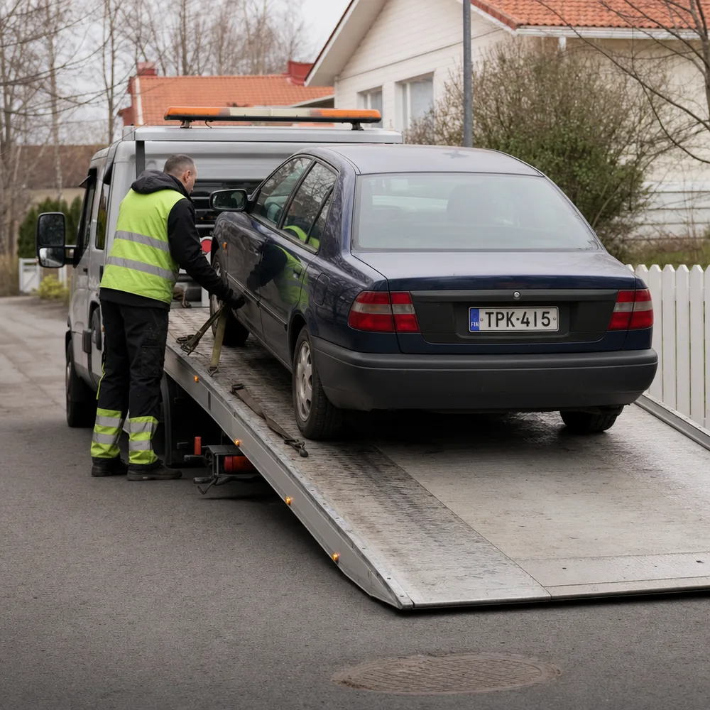 Auto lastataan lavetille hinausauton kyytiin noudettavaksi