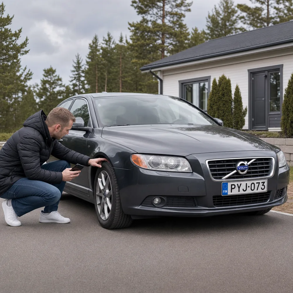 Mies tarkastaa käytettyä autoa pihatiellä arvioidakseen sen kunnon ja hinnan