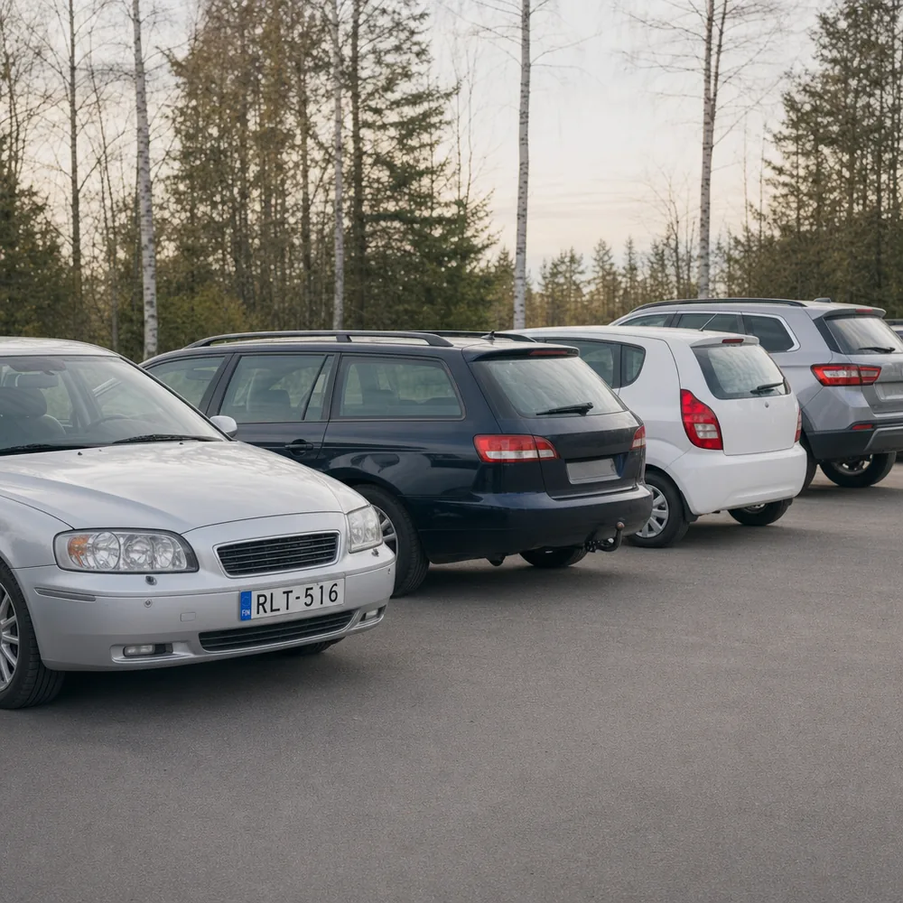 Useita erilaisia käytettyjä autoja rivissä pihalla