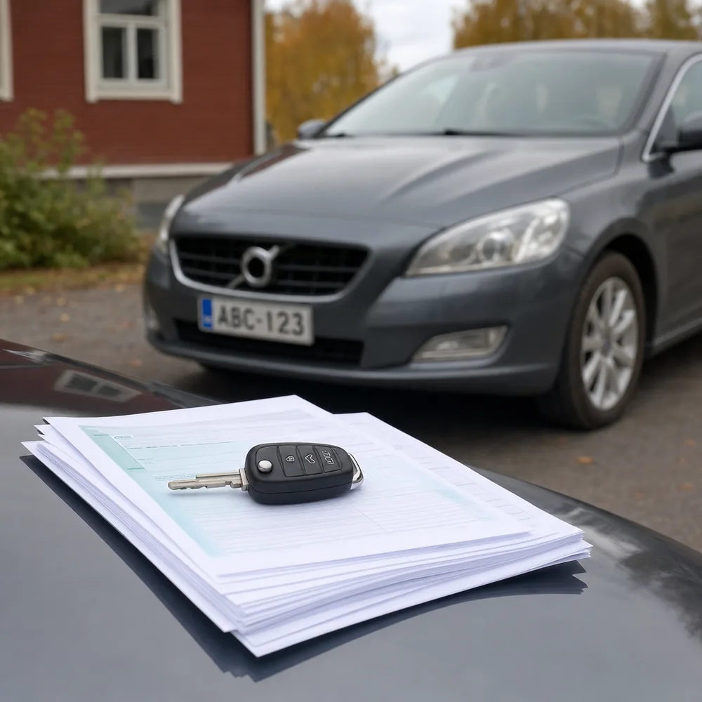 Auton avain ja asiakirjat auton konepellillä, kun myydään autoa jossa on lainaa