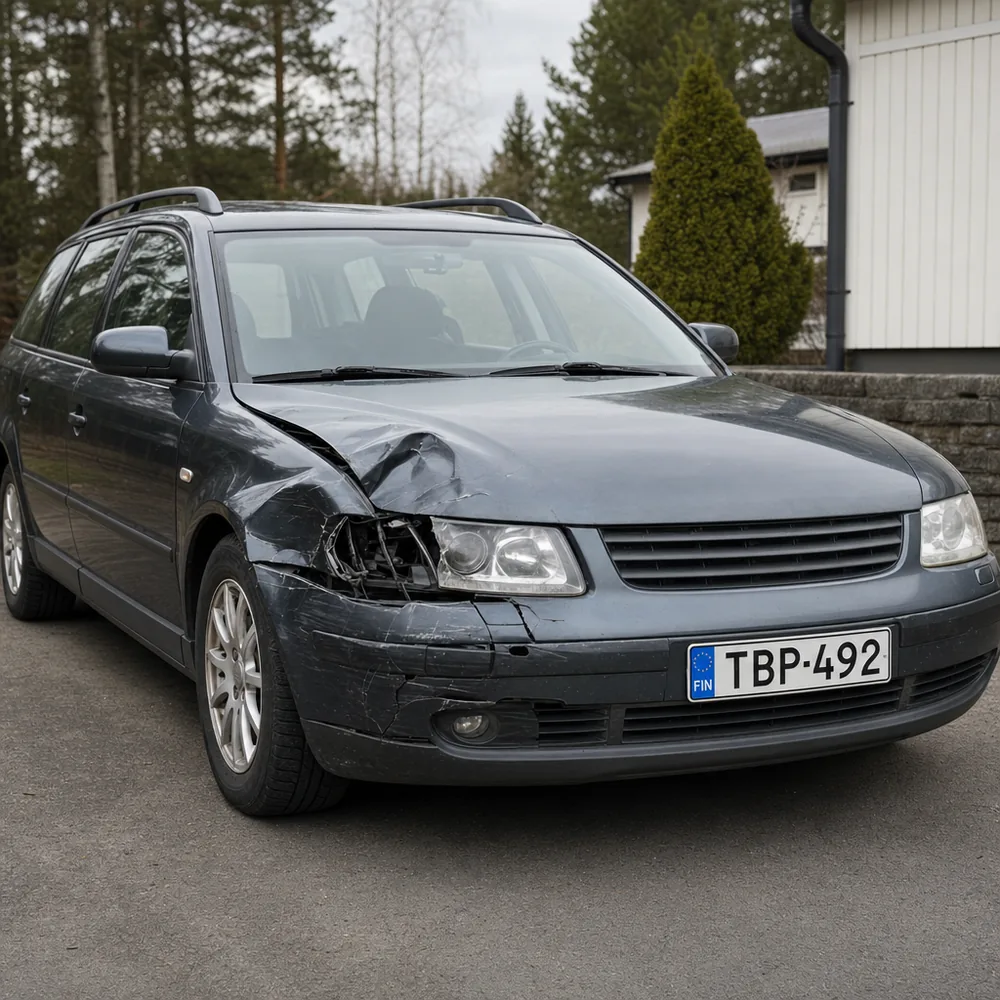 Kolaroitu auto, jonka etukulma on vaurioitunut