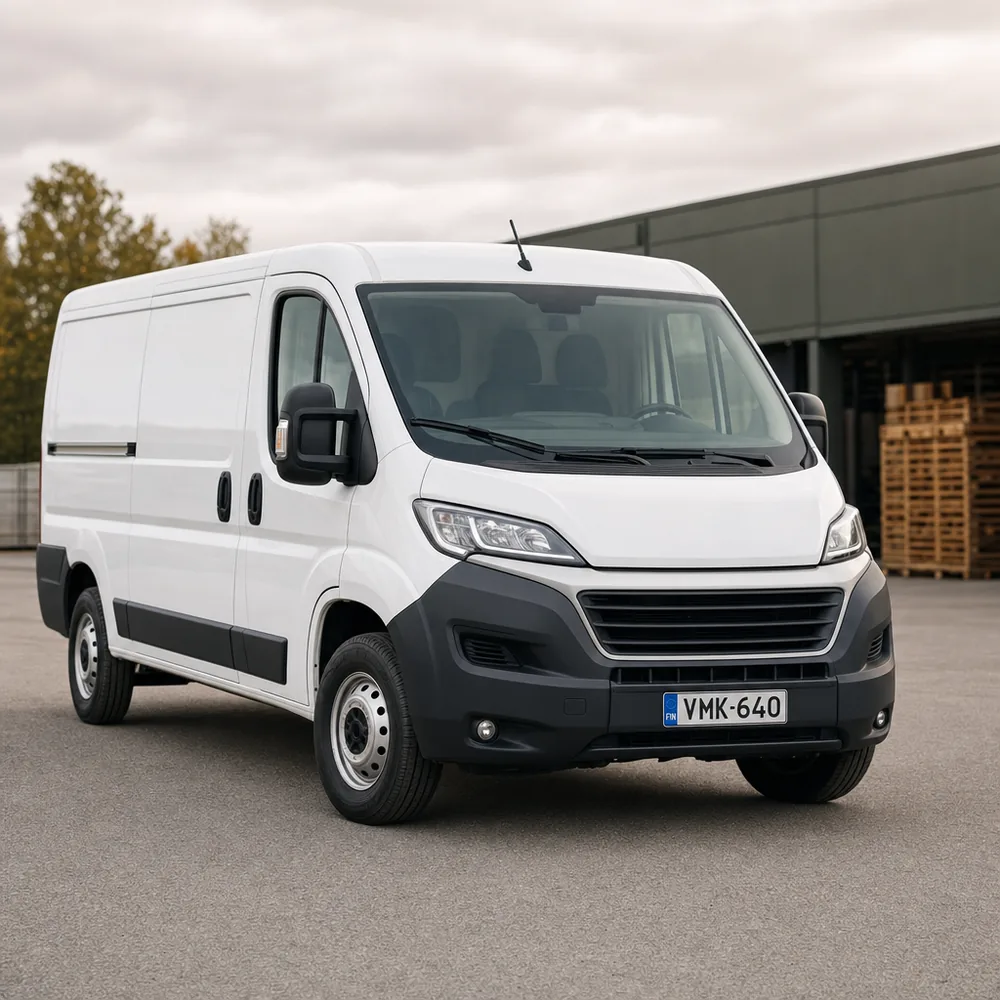 Valkoinen pakettiauto pihalla myyntiä varten