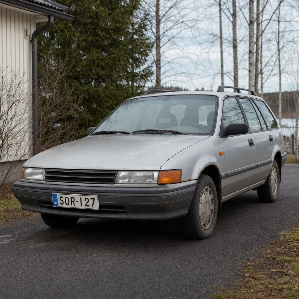 Paljon ajettu vanhempi farmariauto pihatiellä