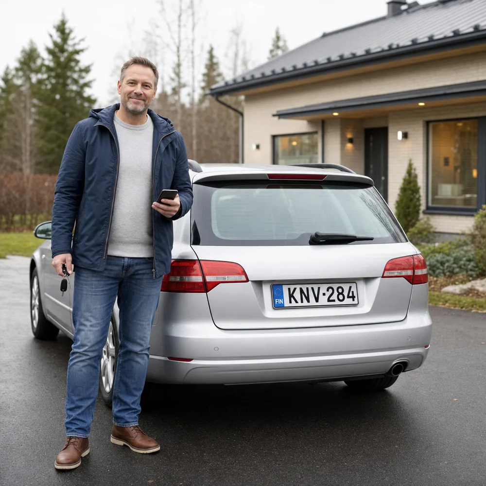 Autonsa myynyt mies seisoo hopeisen farmariauton vieressä pihatiellä avaimet ja puhelin kädessä